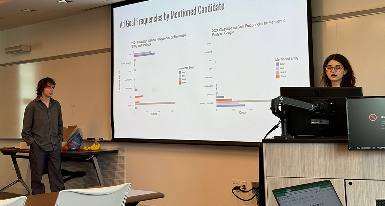 Nat Welsh ’25 (left) and Julia Armeli ’25 (right) present Wesleyan Media Project research. Welsh and Armeli are two of the many students who contribute to the Wesleyan Media Projects research on political advertising. (Photo courtesy of the Wesleyan Media Project)