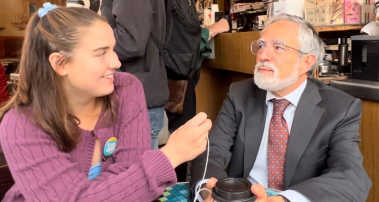 Vivian Redmond ’24 interviewing San Francisco mayoral candidate Aaron Peskin over the summer. Redmond received a Political Engagement Grant from Wesleyan to intern for Peskin. (Photo courtesy of Vivian Redmond ’24)